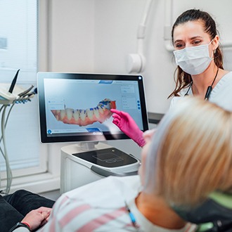Dentist reviewing Invisalign scans with patient